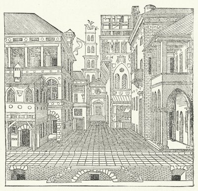 Decorontwerp door Italiaanse maniëristische architect Sebastiano Serlio voor een komedie door Sebastiano Serlio